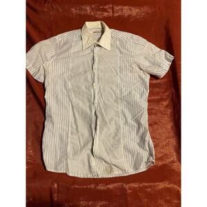 Mens Dress Shirt 15.5 Short Sleeve Striped Button Up Collared Casual White Blue
